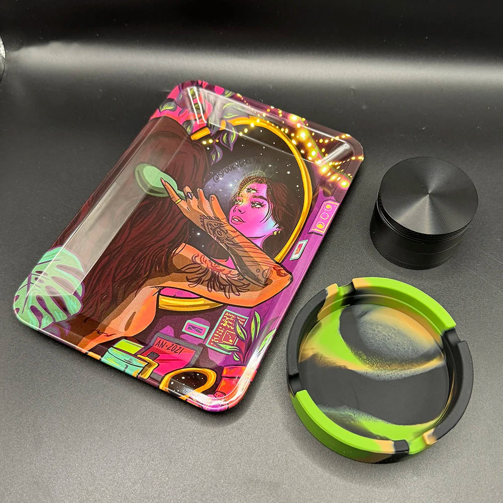 50 mm Tabak- & Kräutergrinder Set mit Rolling Tray & Aschenbecher