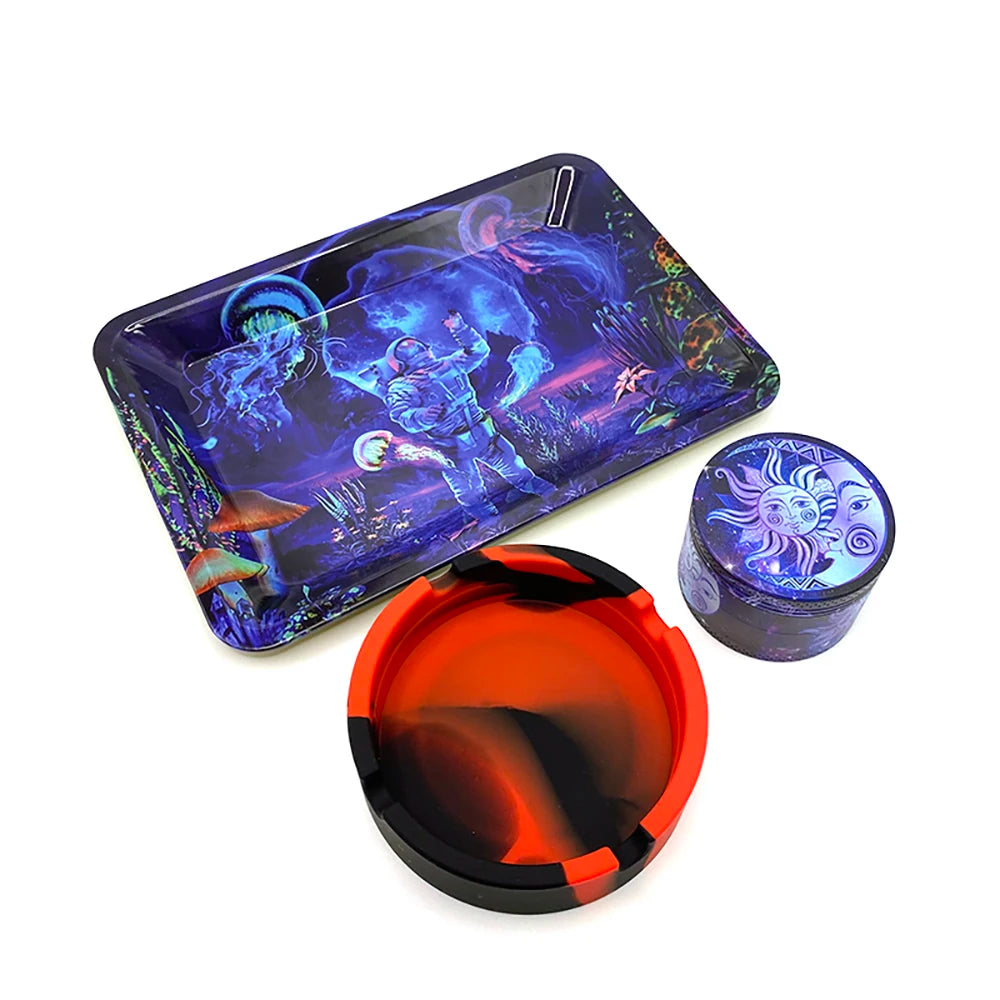 50 mm Tabak- & Kräutergrinder Set mit Rolling Tray & Aschenbecher