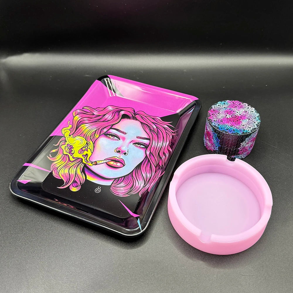 50 mm Tabak- & Kräutergrinder Set mit Rolling Tray & Aschenbecher