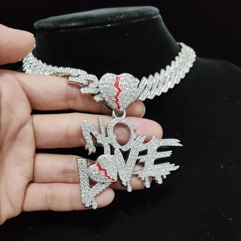 No Love Herz Anhänger Halskette im Hip-Hop-Stil - Mit Cuban Chain