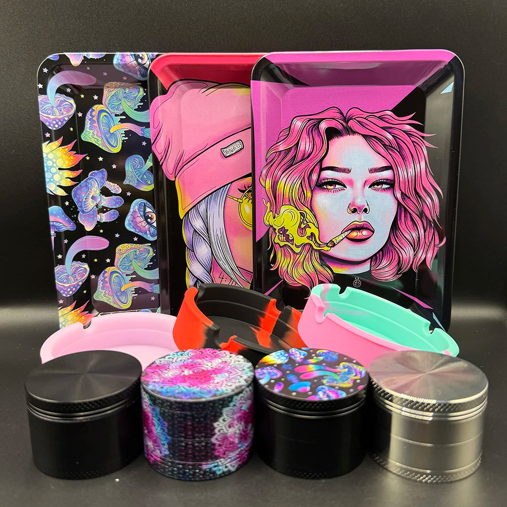 50 mm Tabak- & Kräutergrinder Set mit Rolling Tray & Aschenbecher