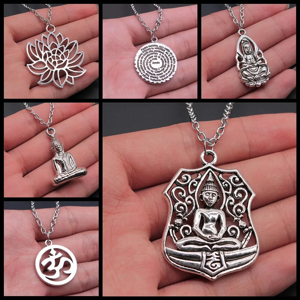 Religiöser Schmuck - Buddhismus Buddha Anhänger Halskette mit Om Yoga Symbol und Lotusbaum