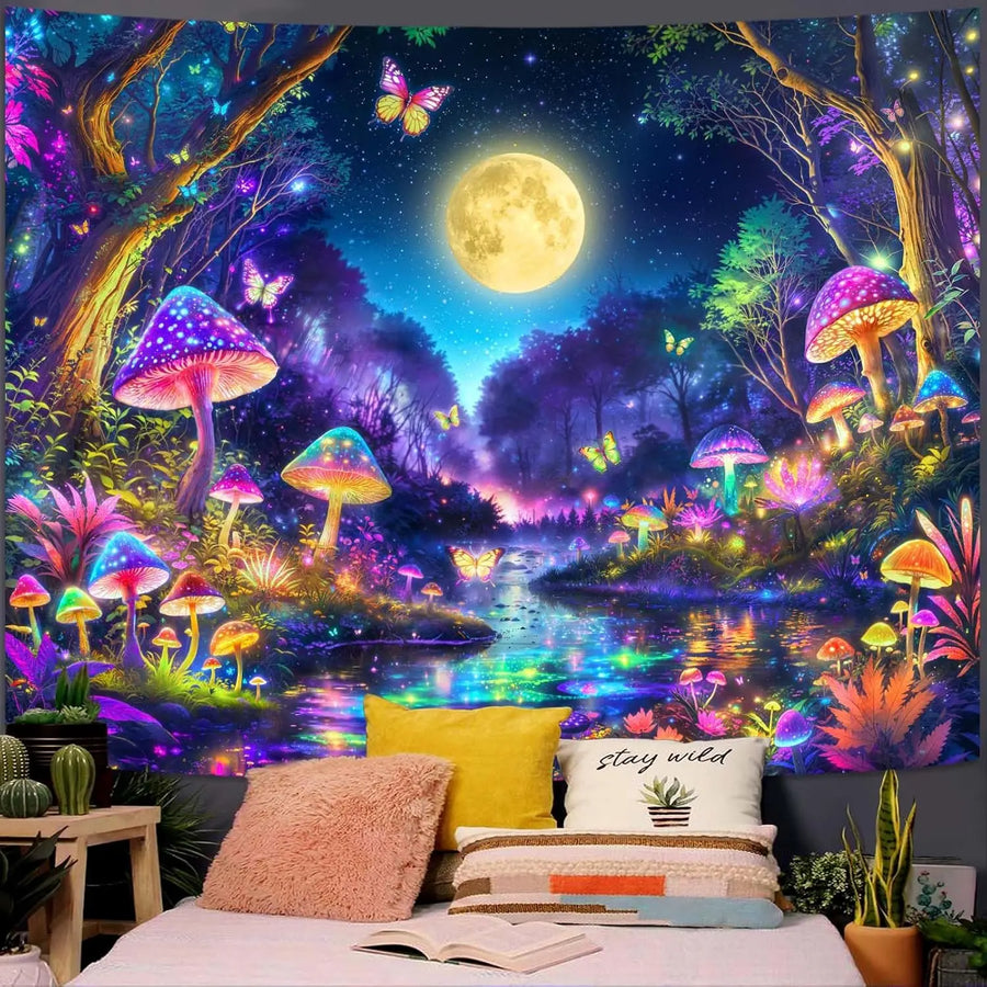 Butterfly Moon UV Schwarzlicht-Wandteppich