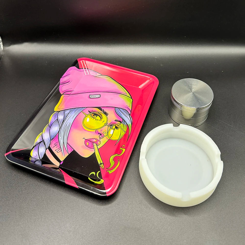 50 mm Tabak- & Kräutergrinder Set mit Rolling Tray & Aschenbecher