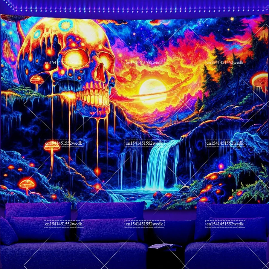 Skull Waterfall UV Schwarzlicht-Wandteppich