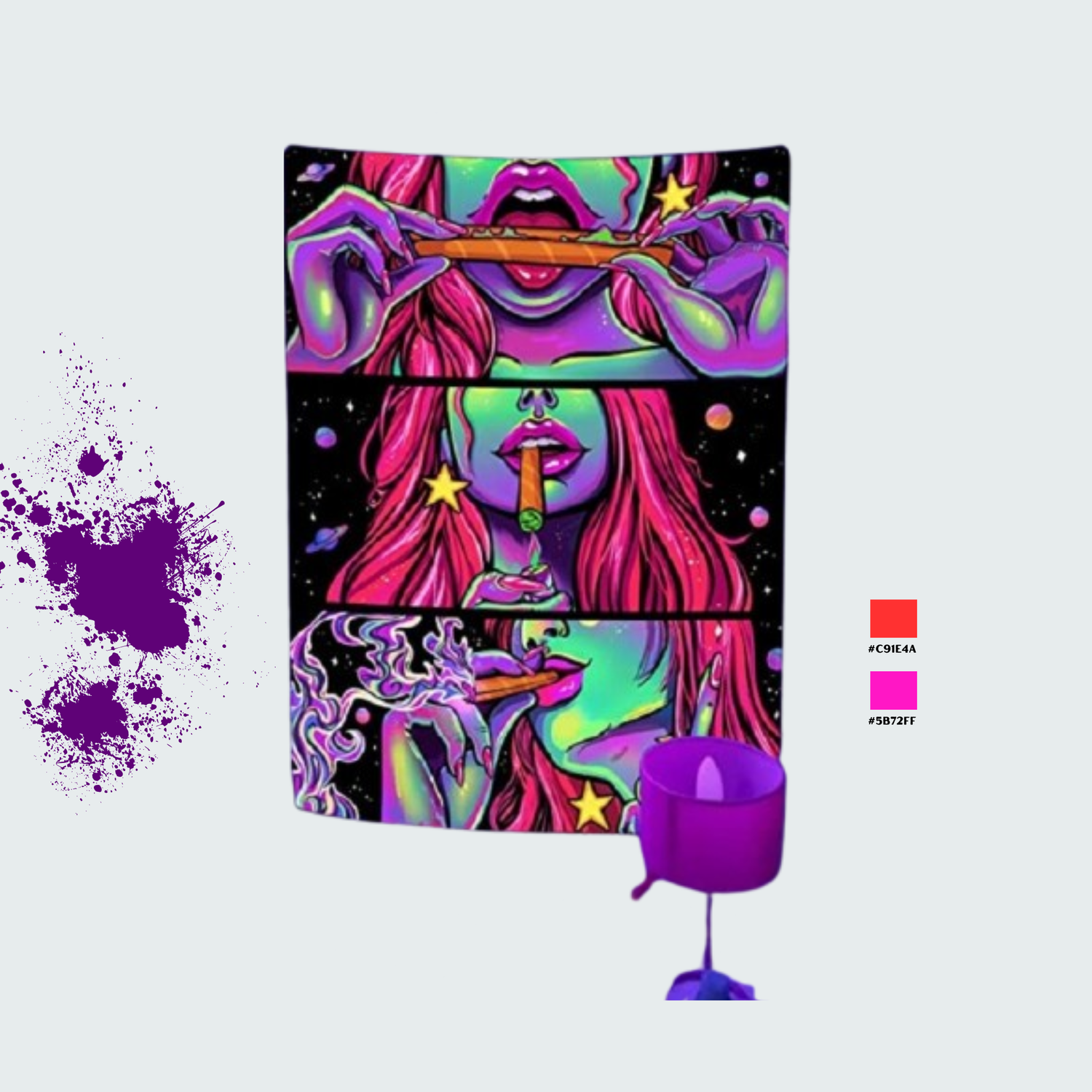 Leuchtendes Schwarzlichtposter mit Neonfarben und psychedelischen Mustern