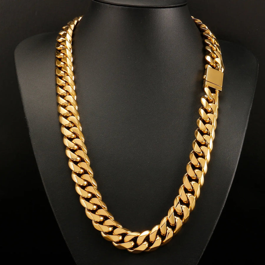16mm Golden Miami Curb Cuban Link Chain Made of 316L Stainless Steel - Hip Hop Necklace