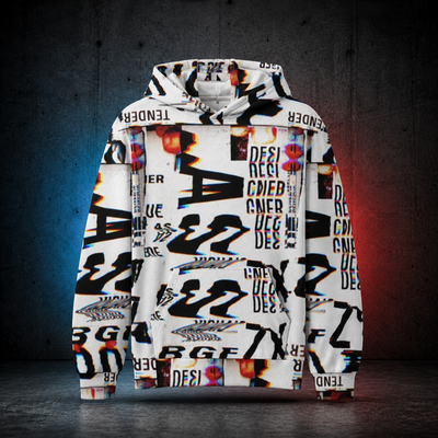 20xx Graphic Hoodie im einheitlichen dunklen Betonraum mit Cyan- und Rotlicht