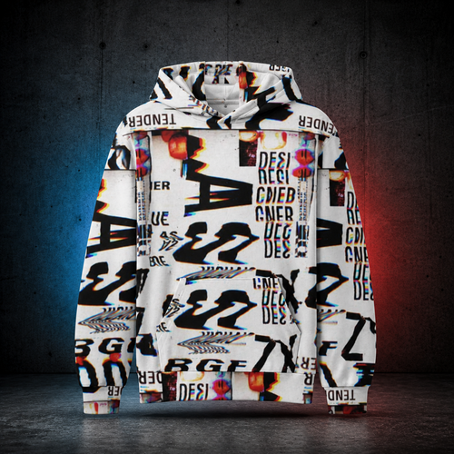 20xx Graphic Hoodie im einheitlichen dunklen Betonraum mit Cyan- und Rotlicht
