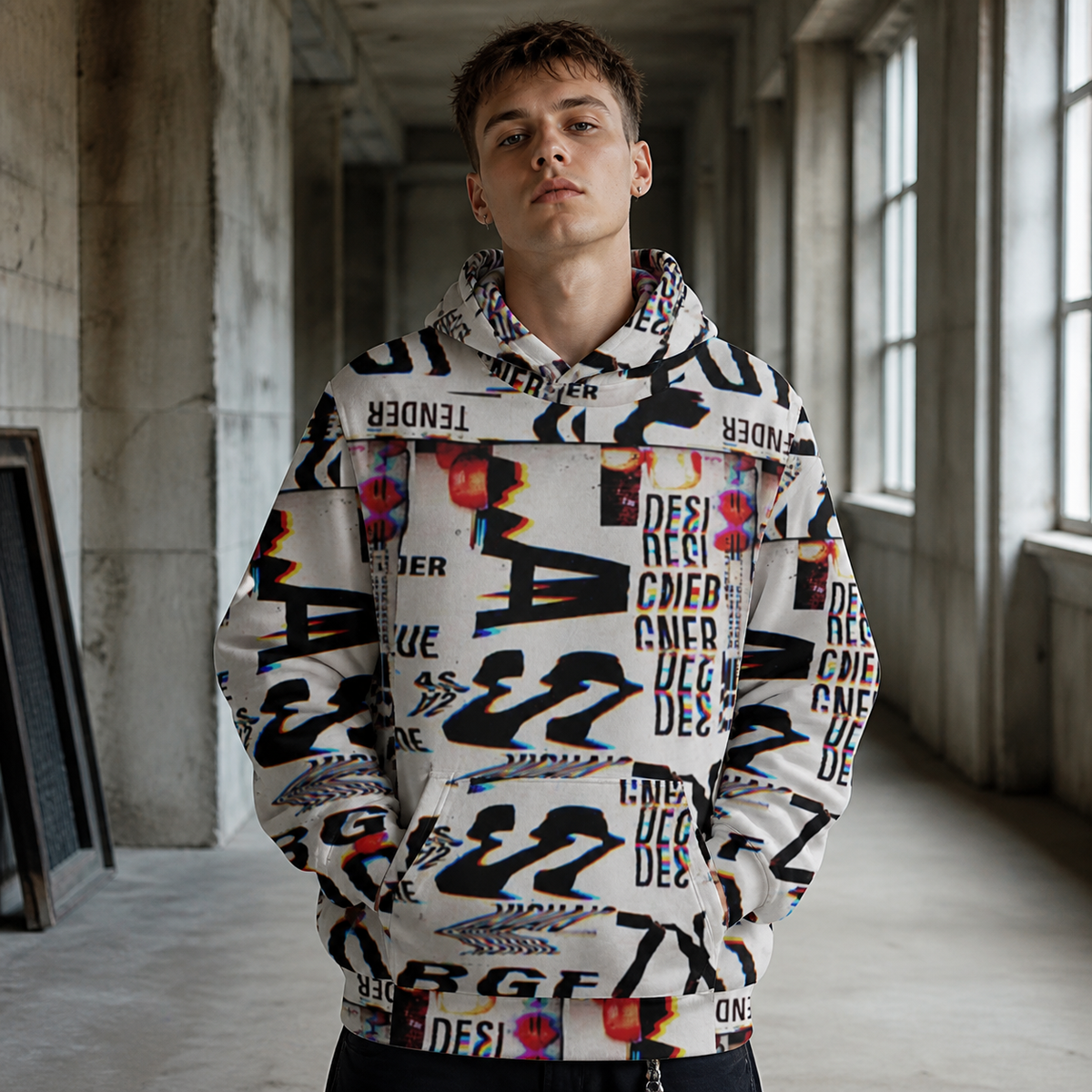 Männliches Model im NiZED 20xx Graphic Hoodie mit typografischem Alloverprint in Berlin – KI-generierte Darstellung