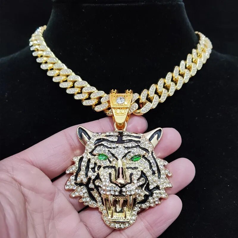 3D Tiger Anhänger Halskette im Hip - Hop - Stil - Mit Kristall Cuban Chain - NiZED