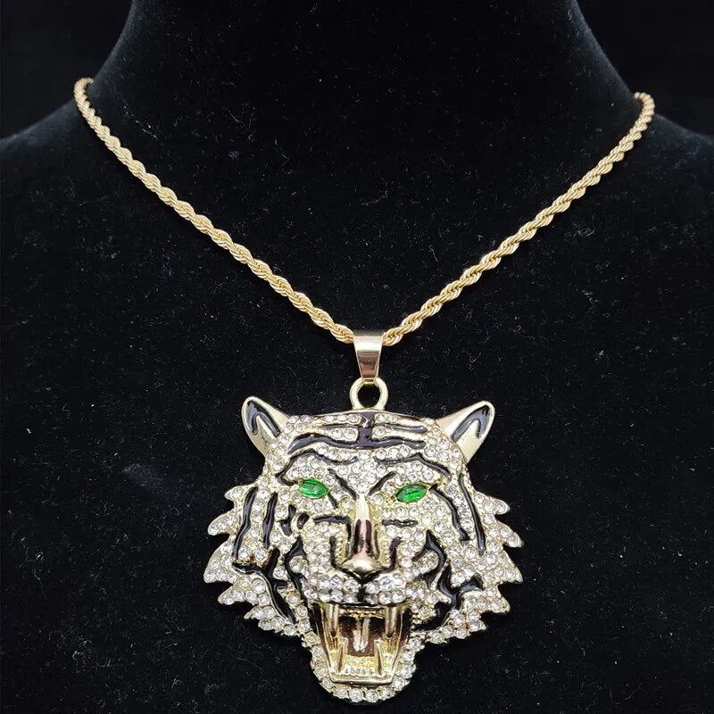 3D Tiger Anhänger Halskette im Hip - Hop - Stil - Mit Kristall Cuban Chain - NiZED