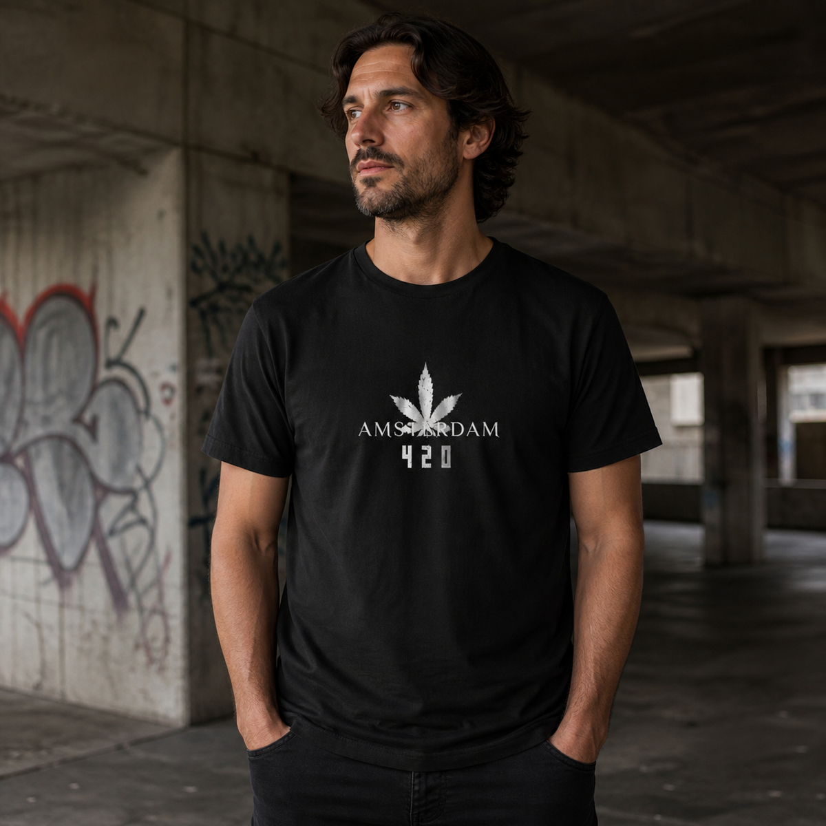 420 Amsterdam Tshirt Herren Frontansicht – KI-generierte Darstellung