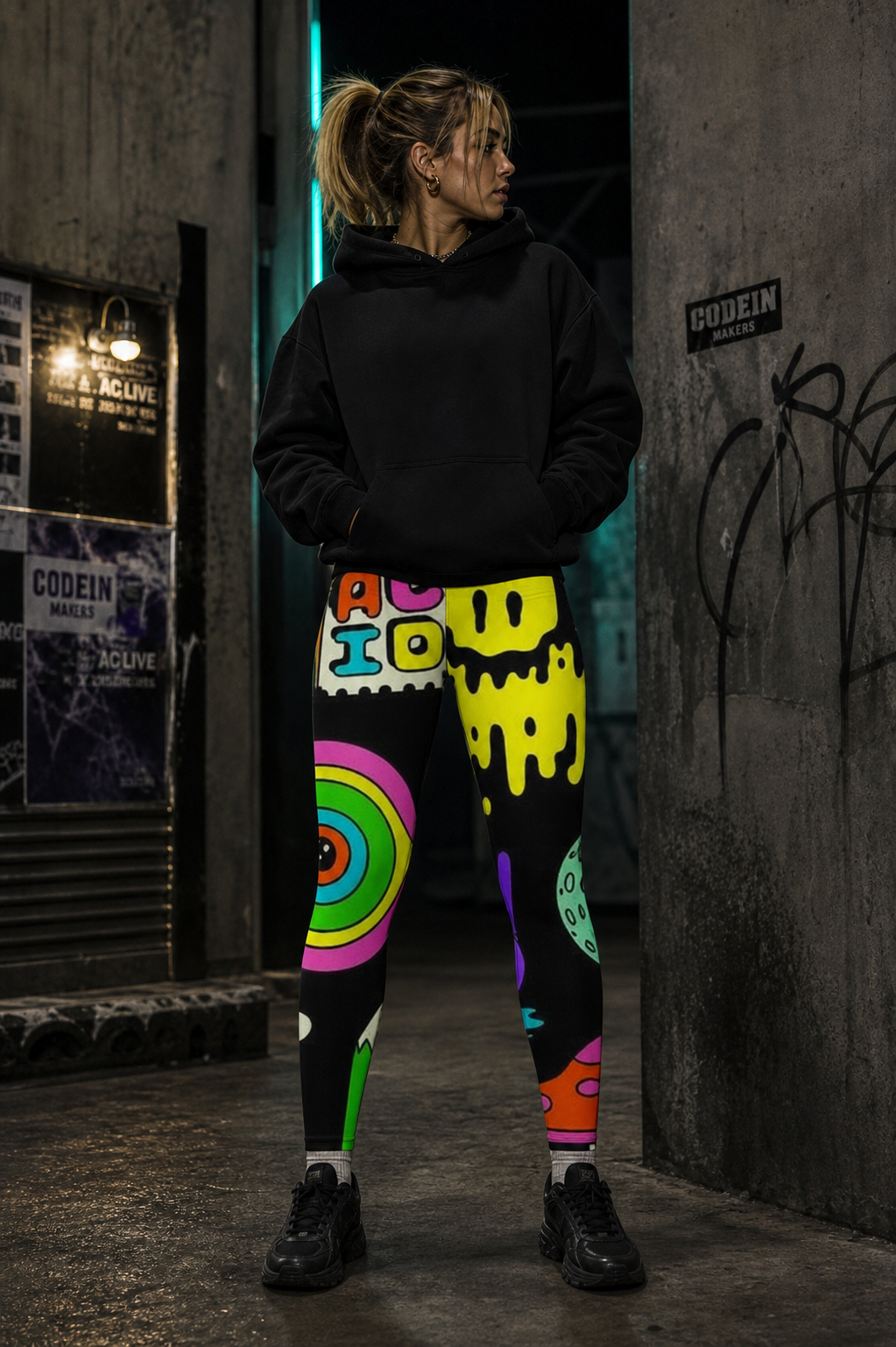 80s Print Leggings am weiblichen Modell - KI-generierte Darstellung