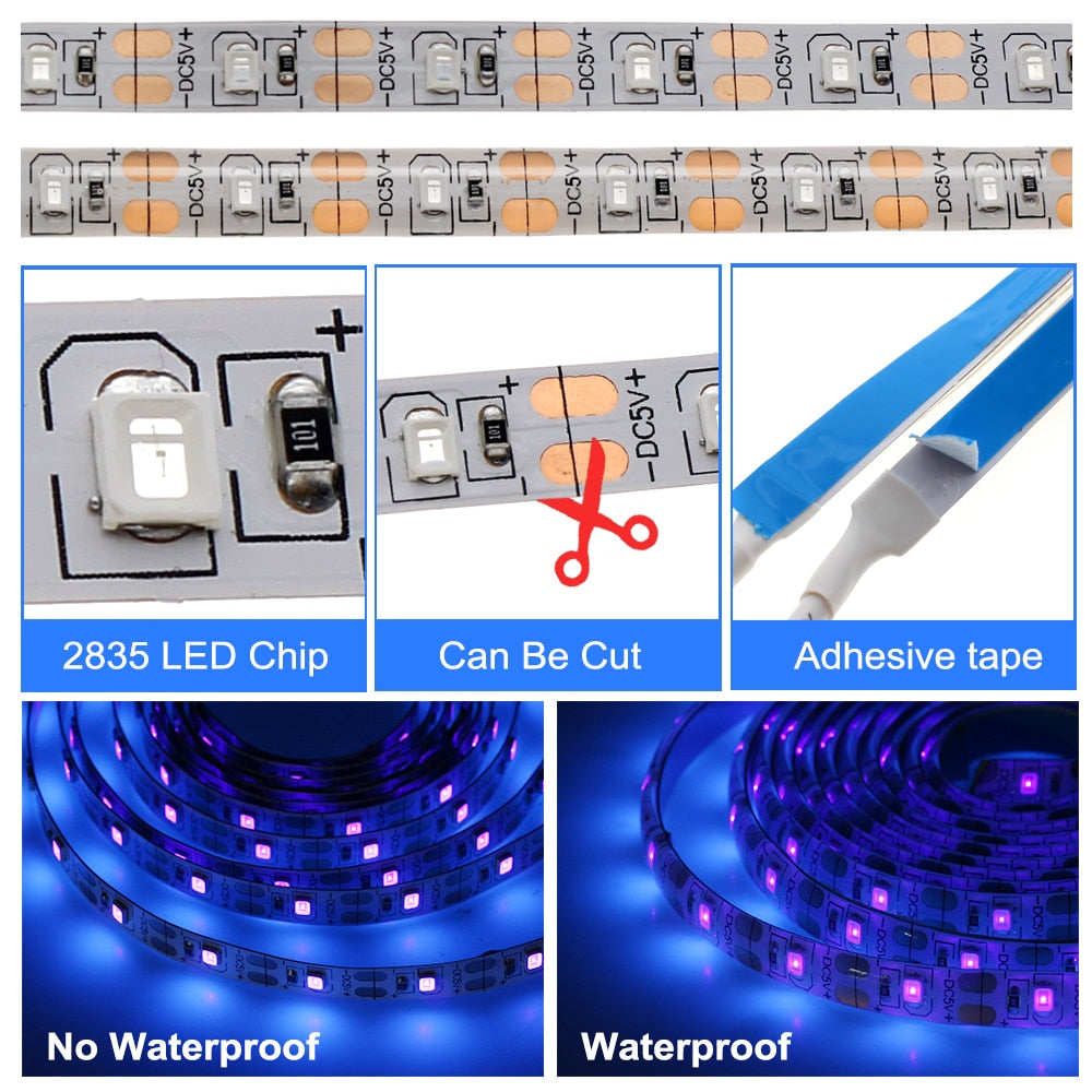 UV LED Strip Light 5V DC 2835 0.5M 1M 2M Waterproof Purple Ribbon Schwarzlicht