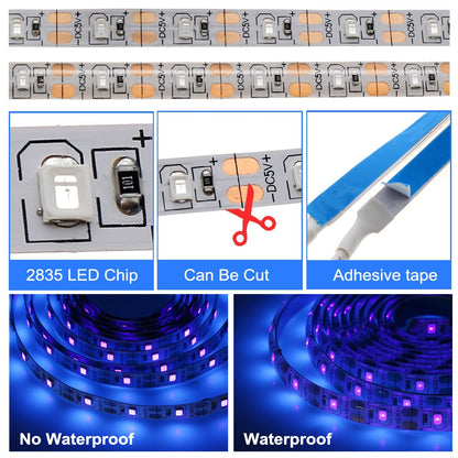 UV LED Strip Light 5V DC 2835 0.5M 1M 2M Waterproof Purple Ribbon Schwarzlicht