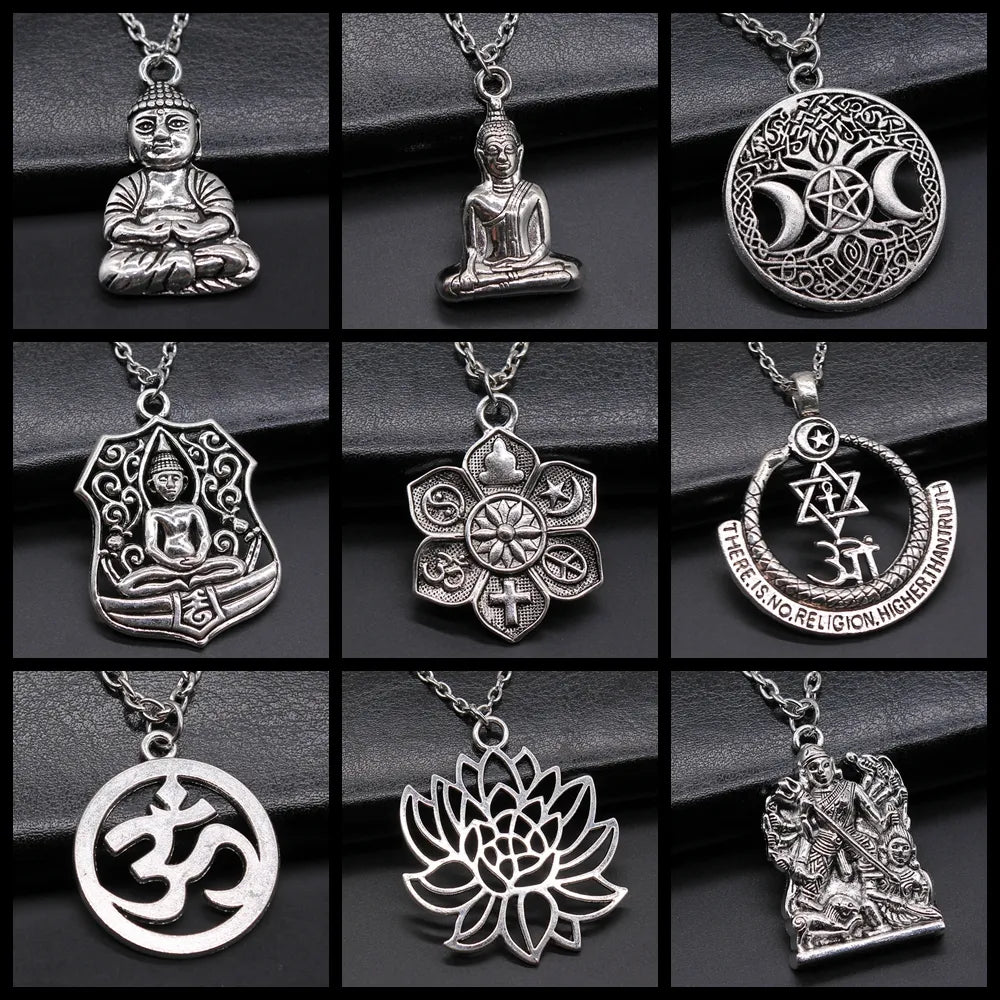 Religious Jewelry - Buddhism Buddha Pendant Necklace with Om Yoga Symbol and Lotus Tree