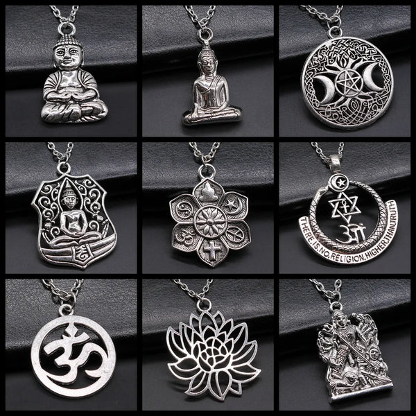 Religious Jewelry - Buddhism Buddha Pendant Necklace with Om Yoga Symbol and Lotus Tree