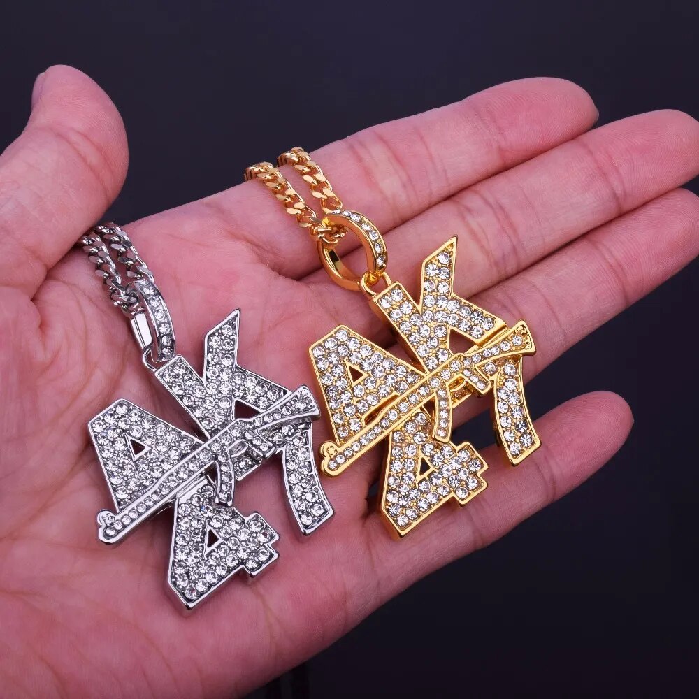 Goldfarbene Bling AK47 Buchstaben Anhänger Halsketten - Hip-Hop Charme