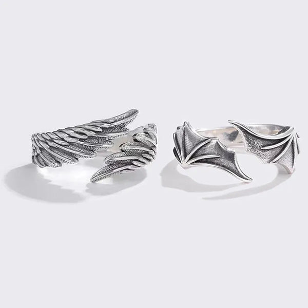 Retro angel and demon wings couple rings - punk hip-hop design