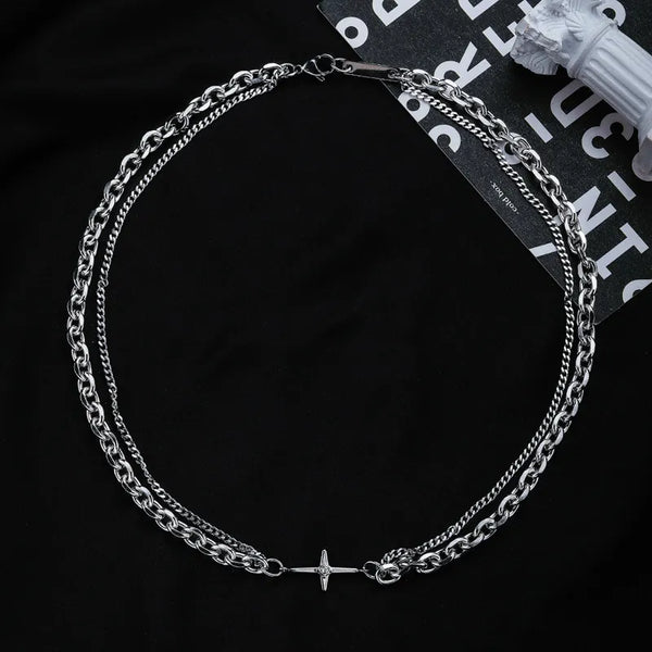 Hip Hop Style Stainless Steel Cross Necklace - Double Row Charm Necklace