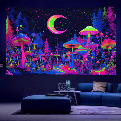 Mushroom Moon UV Schwarzlicht-Wandteppich
