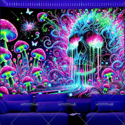 Skull Waterfall UV Schwarzlicht-Wandteppich