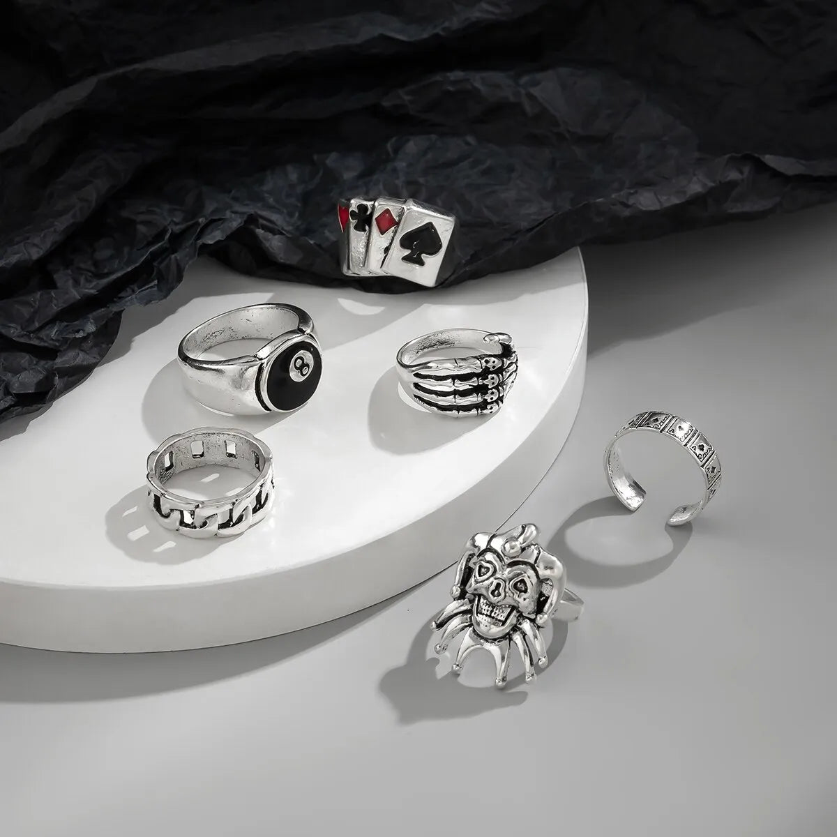 Hip-Hop Vintage Totenkopf Geisterklauen Poker Clown Ring Set - Steampunk Schmuck