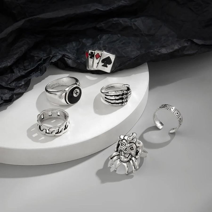Hip-Hop Vintage Skull Ghost Claws Poker Clown Ring Set - Steampunk Jewelry