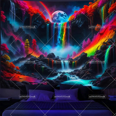 Waterfall Moon UV Schwarzlicht-Wandteppich