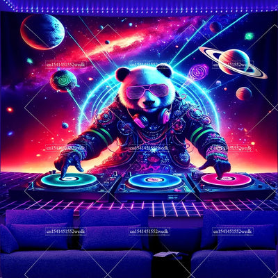 Gaming Panda DJ UV Schwarzlicht-Wandteppich