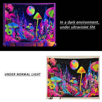 Mushroom Moon UV Schwarzlicht-Wandteppich