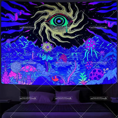 Neon Eyes Mandala Schwarzlicht-Wandteppich
