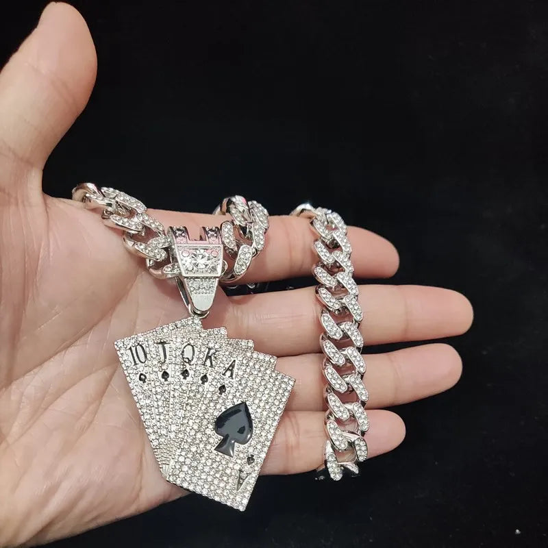 Spielkarten-Anhänger Halskette im Hip-Hop-Stil - Mit Kristall Cuban Chain