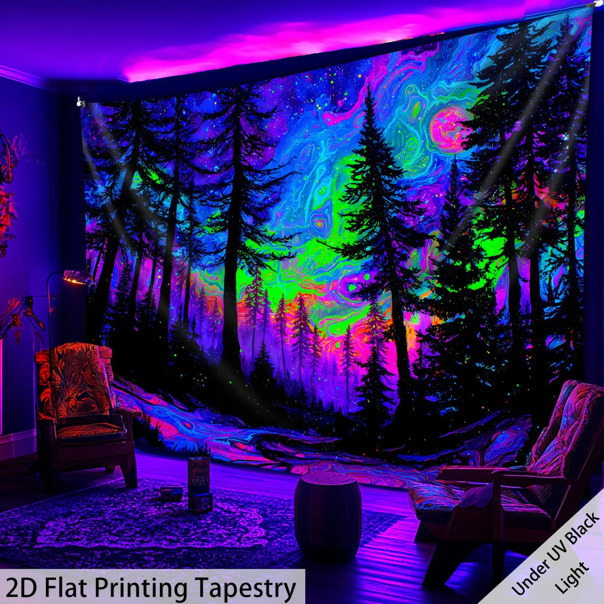 Forest Night UV Schwarzlicht-Wandteppich