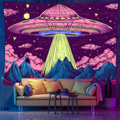 Astronaut & Dinosaurier UV Schwarzlicht-Wandteppich