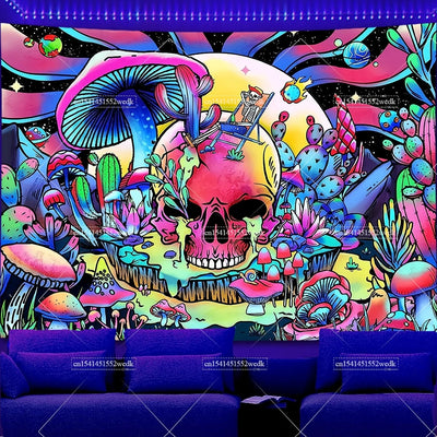 Skull Waterfall UV Schwarzlicht-Wandteppich
