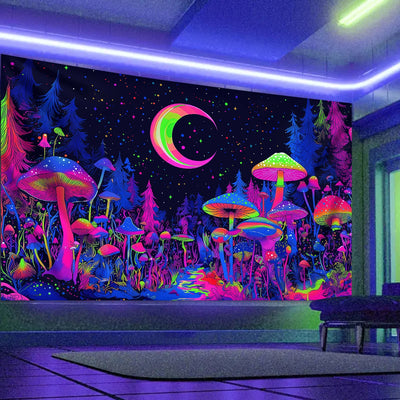 Mushroom Moon UV Schwarzlicht-Wandteppich