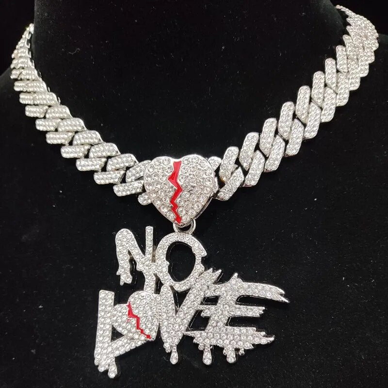 No Love Herz Anhänger Halskette im Hip-Hop-Stil - Mit Cuban Chain