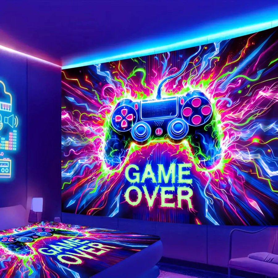 Game Controller Neon Schwarzlicht-Wandteppich