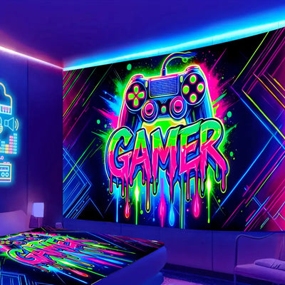 Game Controller Neon Schwarzlicht-Wandteppich