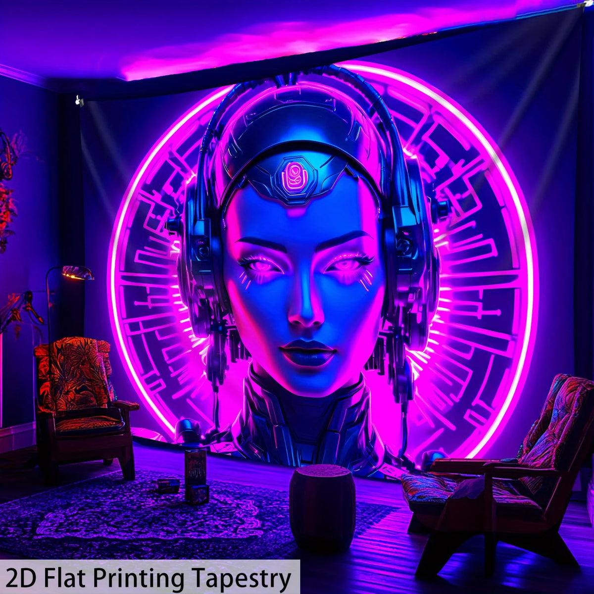 Cyberpunk Woman UV Schwarzlicht-Wandteppich