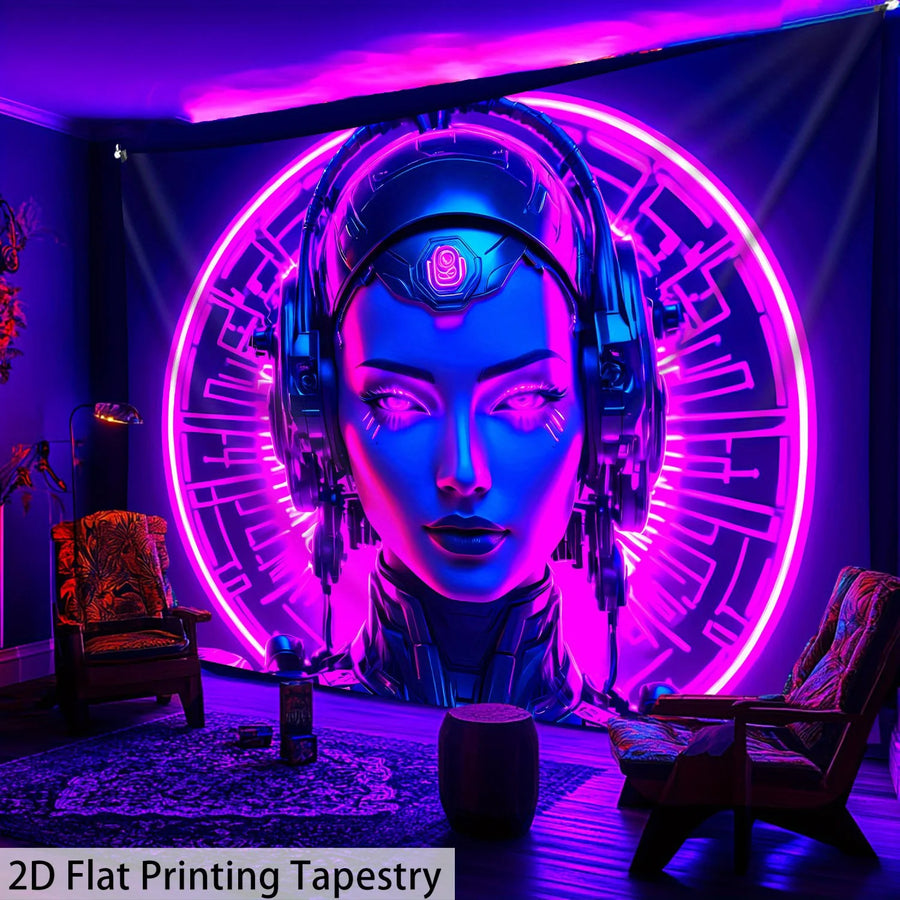 Cyberpunk Woman UV Schwarzlicht-Wandteppich