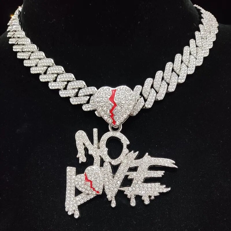 No Love Heart Pendant Necklace in Hip-Hop Style - With Cuban Chain
