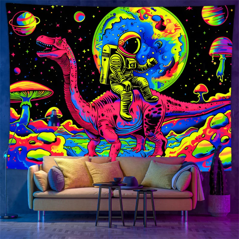 Astronaut & Dinosaurier UV Schwarzlicht-Wandteppich