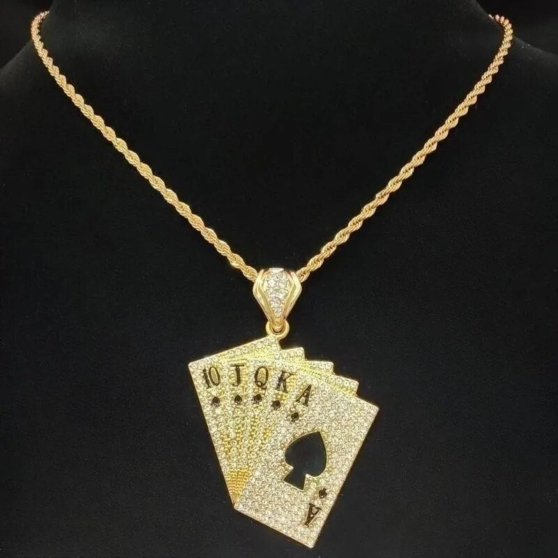 Spielkarten-Anhänger Halskette im Hip-Hop-Stil - Mit Kristall Cuban Chain
