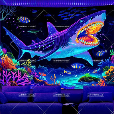 Underwater Shark & Jellyfish UV Wandteppich
