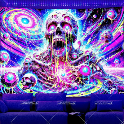 Skull Waterfall UV Schwarzlicht-Wandteppich