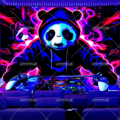 Gaming Panda DJ UV Schwarzlicht-Wandteppich