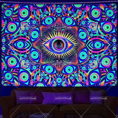 Neon Eyes Mandala Schwarzlicht-Wandteppich